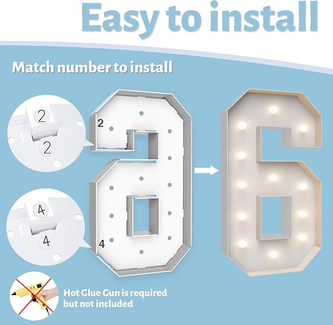4FT Marquee Light Up Numbers 6,Party Decoration Large Marquee Light Up Letters with Weighted Water Bag,Pre-cut Foam Board Set Can Be Used for Birthdays,Weddings,Baby Anniversaries