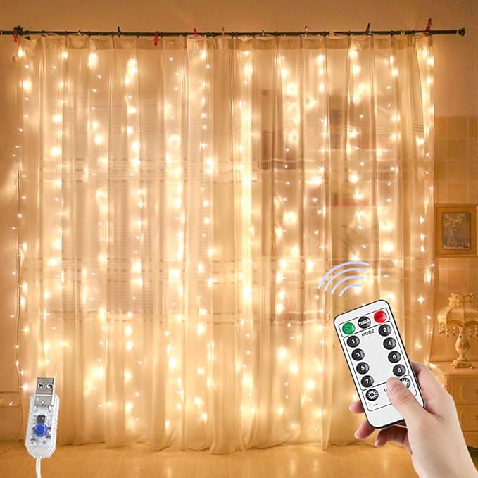 YEOLEH String Lights Curtain,7.9 x 5.9Ft 144LEDs USB Powered Fairy Lights for Bedroom Wall Decor,8 Modes & IP64 Waterproof Ideal for Outdoor Indoor Home Garden Party Holiday Halloween Room,Warm White