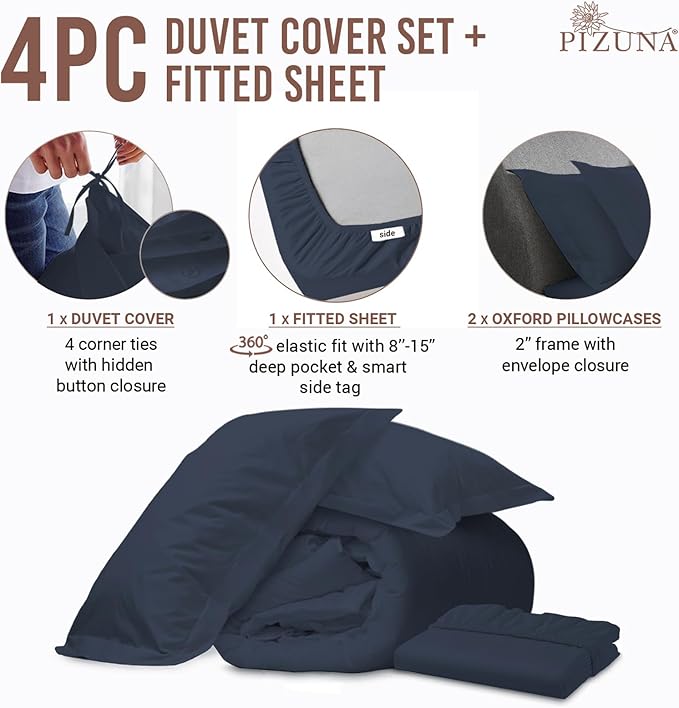 Pizuna 100% Cotton King 3 Pc Duvet Cover + 1 Pc Fitted Sheet Set 400 Thread Count Dark Blue Sateen Weave Luxurious Long Staple Cotton 4 Piece Bedding Set -1 Duvet Cover, 2 Pillow Shams, 1 Fitted Sheet