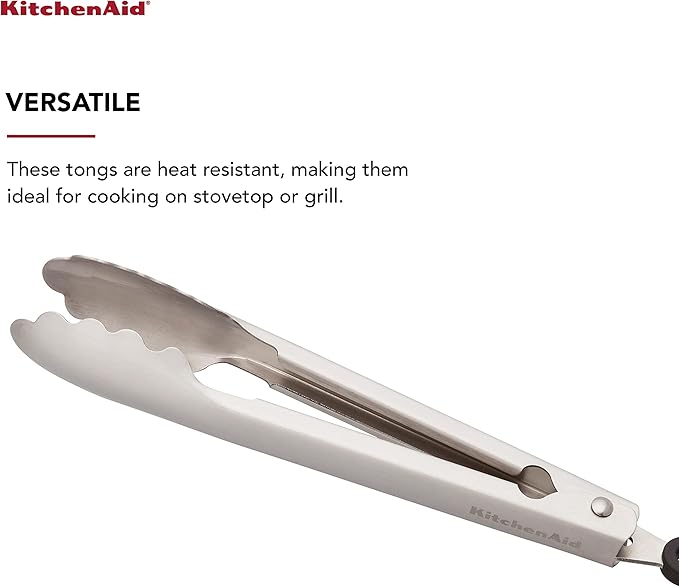 KitchenAid Gourmet Stainless Steel Serving Tongs with Hang Hook and Secure Closing Lock, 9 Inch, Stainless Steel