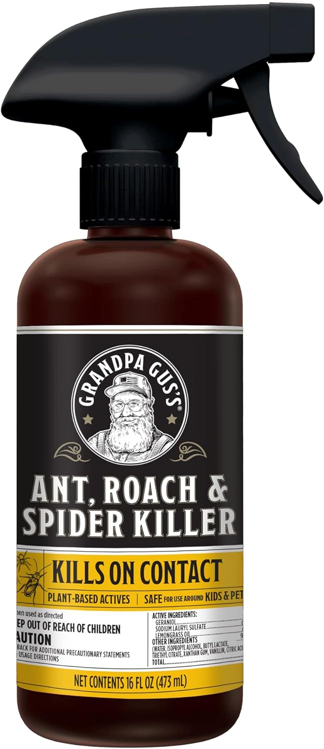 Grandpa Gus's Natural Ant Roach Spider Killer Spray, Fast-Acting Plant-Based Insect Control, Safe for Kids Pets, Indoor Outdoor Use, Non-Greasy, Fresh Scent, 16 fl oz