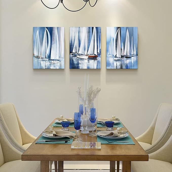 3 Piece Framed Canvas Wall Art For Living Room Bathroom Bedroom Wall Art Decor Ocean Landscape Sailboat Abstract Canvas Painting Ready To Hang Office Home Decoration Sea Poster Pictures Wall Artworks