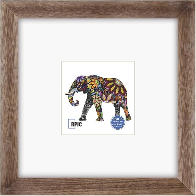 RPJC 8x8 Soild Wood Picture Frame with High Definition Glass Display Pictures 4x4 with Mat or 8x8 Without Mat for Wall Mounting Hanging Carbonized
