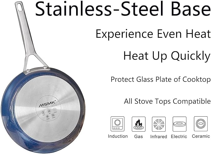 MsMk Frying pans nonstick with lid Blue, 10-inch Durable skillet, Titanium and Diamond Non Stick Non-Toxic Coating From USA, Even Heating, Easy Clean-Up, Comfortable Handle, Induction Compatibility