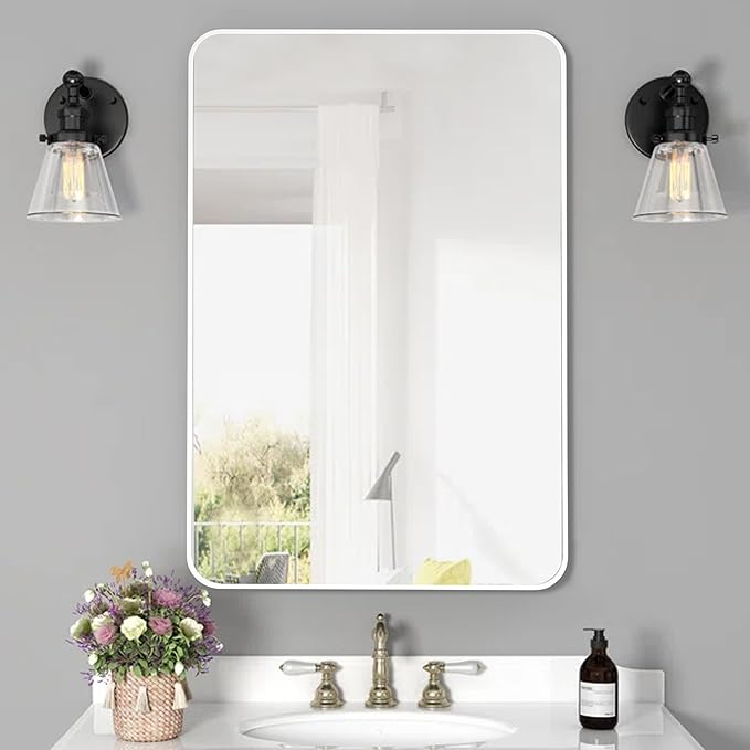 20x30 Inch White Framed Mirror for Bathroom, Rounded Rectangle Mirrors for Wall with Tempered Glass Anti-Rust, Shatterproof Mirror (Horizontal/Vertical)