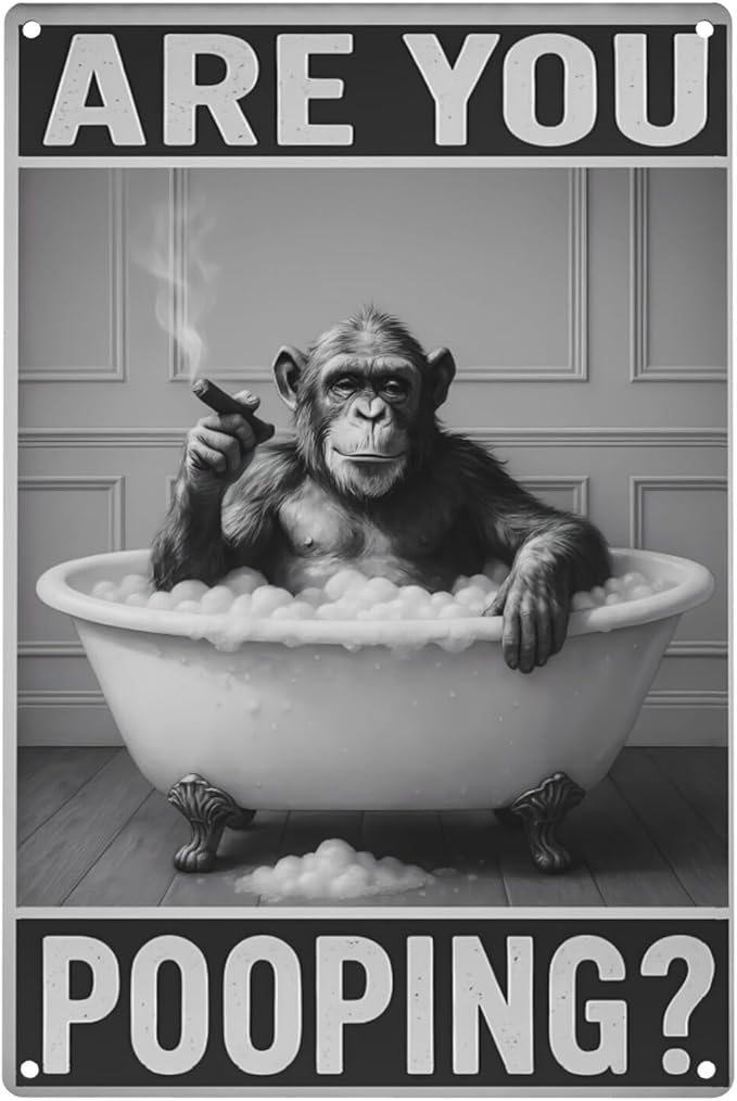 Bathroom Decor Wall Art – Funny Chimpanzee in Bathtub Tin Sign, 8x12 Inch Black and White Vintage Metal Wall Art, Humorous Animal Bathroom Sign for Restroom or Farmhouse (Sign-030)