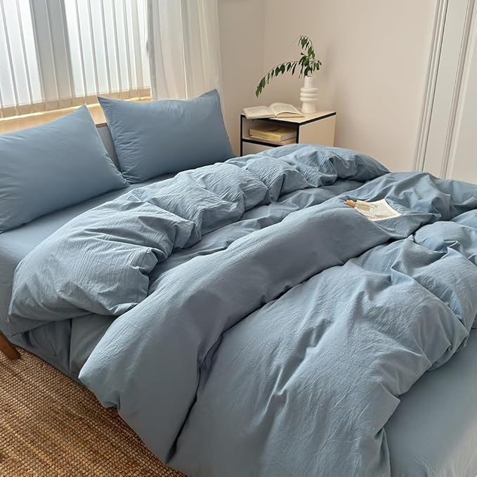 FACE TWO FACE Bedding Duvet Cover Set100% Washed Cotton Duvet Cover Linen Like Textured Breathable Durable Soft Comfy (Full, Deep Gray Blue)