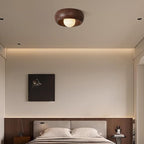 11.8 Inch Flush Mount Ceiling Light with 3D Printing Materials Moon Shade, Brown Imitation Wood Grain Modern Ceiling Light for Bedroom, Living Room, Hallway,Porch