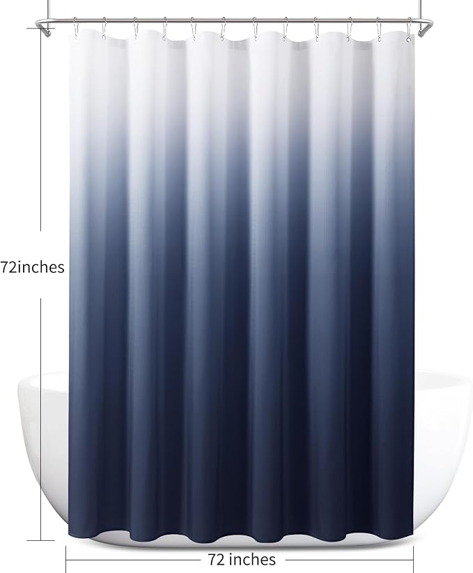 Navy Blue and White Shower Curtains for Bathroom, Ombre Indigo Royal Light Blue Cloth Fabric Shower Curtain Set with 12 Hooks Royal Indigo Bathroom Decor 72 x 72