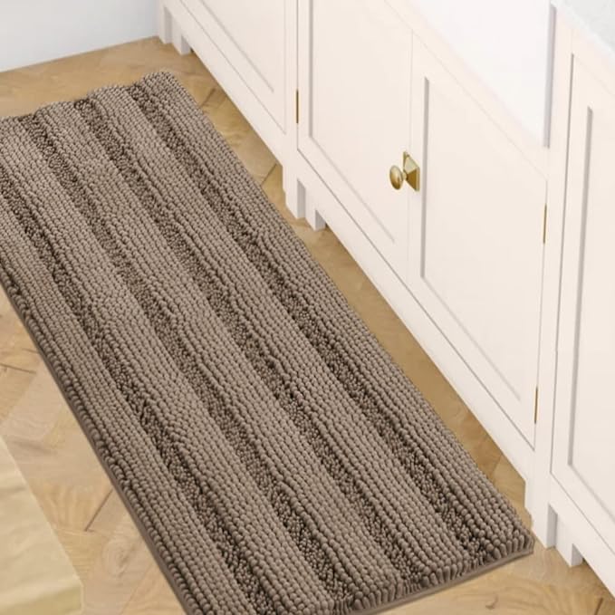 H.VERSAILTEX Bath Rugs for Bathroom Non Slip Bath Mats Extra Thick Chenille Striped Bath Rug Runners 47" x 17" Absorbent Fluffy Soft Shaggy Mats Dry Fast Plush Area Carpet for Bath Room - Taupe Brown