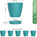 4 inch Small Plastic Nursery Pots, 5 Pack Water Ripples Flower Pots for Indoor Plants, Plant Pots with Drainage Holes and Saucers, Seedling Starter Planters for House Plants, Blue Green