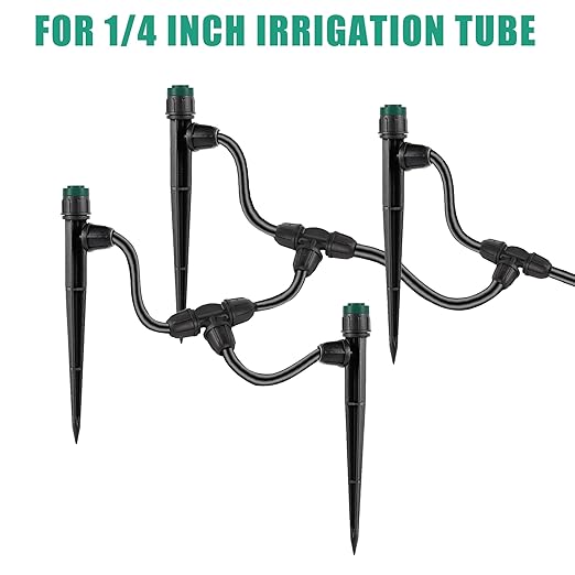 Drip Irrigation Emitters Sprayers for 1/4" Tubing, Adjustable 360 Degree Water Flow Sprayer on 5.5" Arrow Stake,with 1/4" Locked Tee for Watering System(10Pcs Sprayers and 10Pcs Tee)