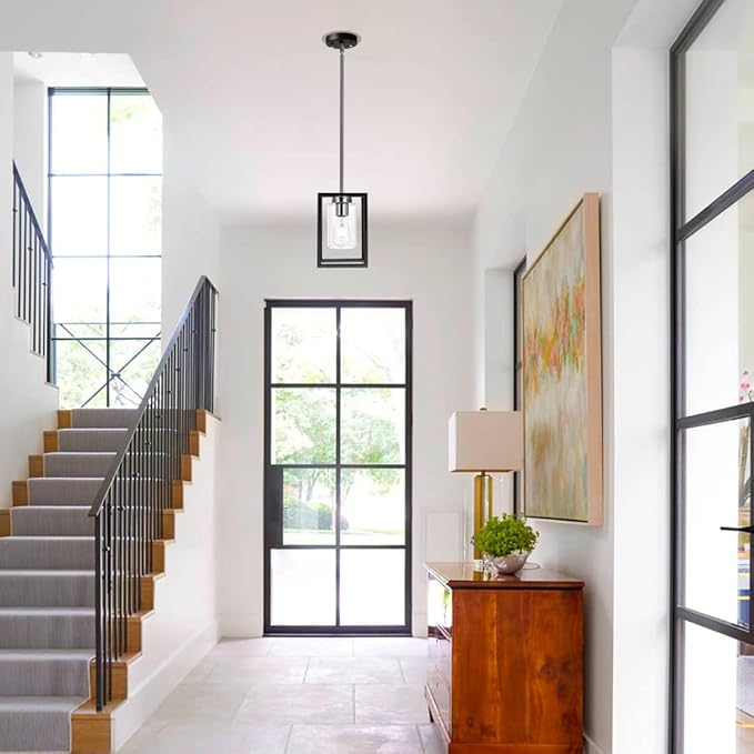 VINLUZ Single 1 Light Black and Brushed Nickel Modern Glass Pendant Light Industrial Modern Metal Chandelier with Clear Glass Shade for Dining Room Kitchen Island Foyer Cafe
