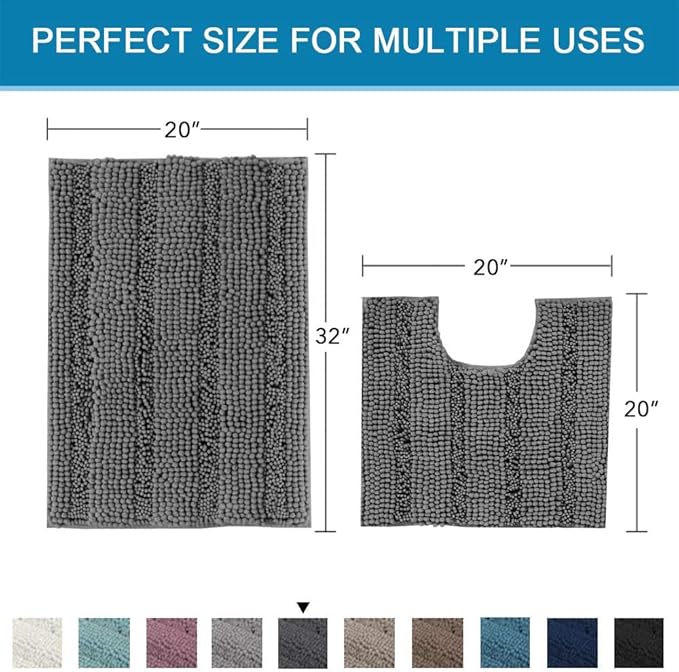 H.VERSAILTEX Bathroom Rugs Bath Rug Set 2 Piece Bathroom Contour Rug Toilet Mat Sets Non Slip Contour Bath Rug Ultra Thick Water Absorbent Striped Bath Mats Washable(20" x 32" Plus 20" x 20" U, Grey)