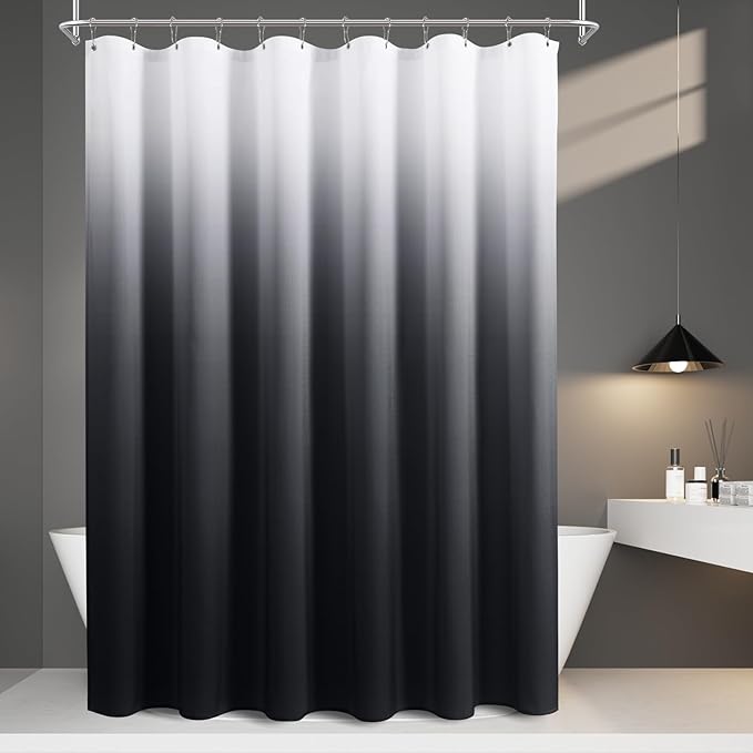 Black Shower Curtains for Bathroom, Ombre Textured Fabric Shower Curtain Set, Hotel Spa Luxury with 12 Hooks, Machine Washable, Decorative Bathroom Curtain Black 72 x 72