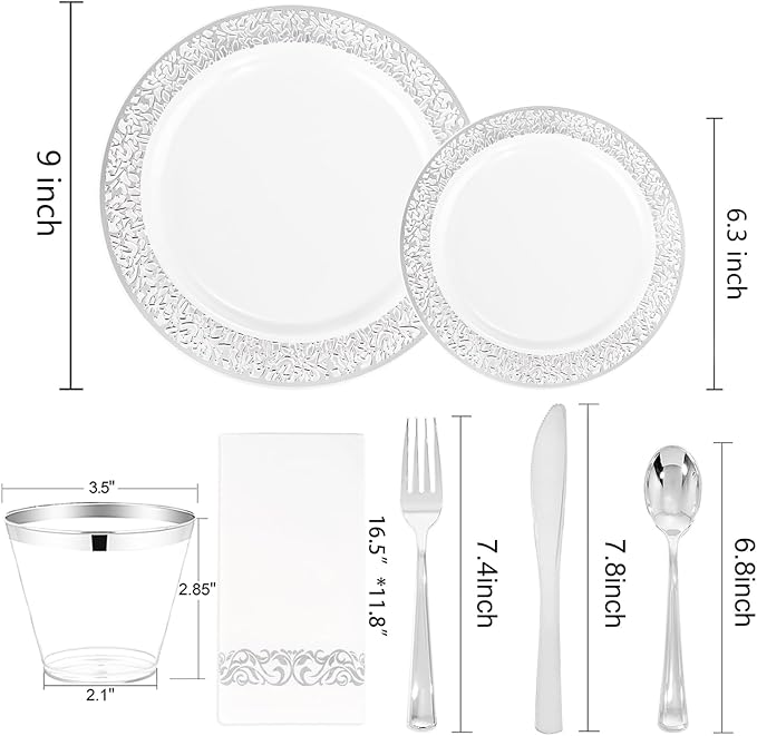 WELLIFE 210pcs Dinnerware Set - Silver Rimmed Plastic Plates Disposable Heavy Duty, Disposable Plastic Plates with Silver Rim, Water-proof, Break-proof, Best Choice for Any Party