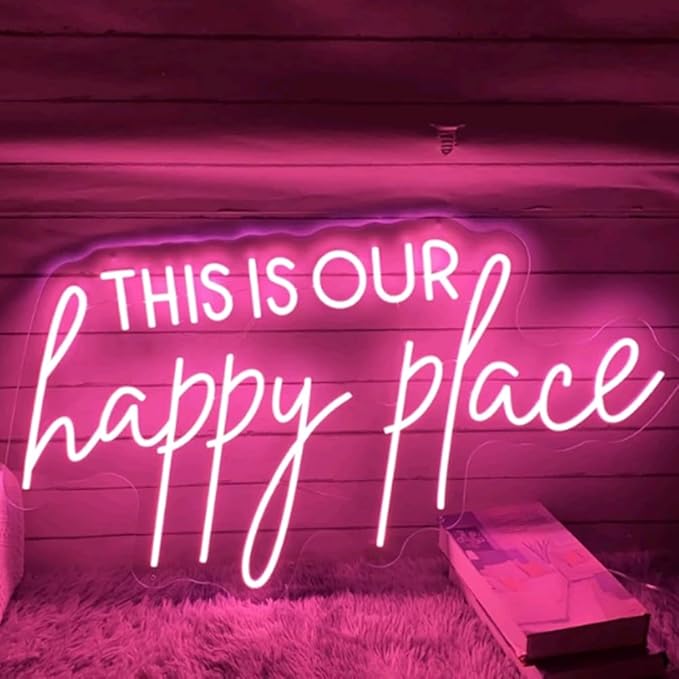 This Is Our Happy Place Neon Sign, Custom Bedroom LED Neon Light Home Bedroom Salon Wall Decor Personalized Gift Wedding Party Decoration USB Size:20x11inch