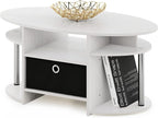 Furinno Jaya Simple Design Oval Coffee Table with Bin for Living Room, White Oak/Chrome/Black