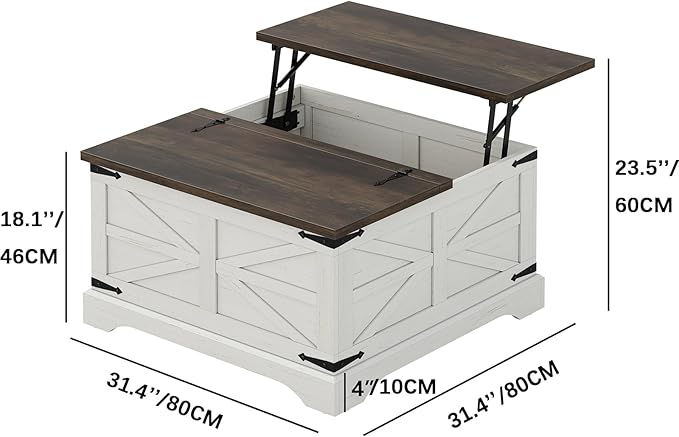 Furnideco Farmhouse Lift Top Coffee Table, Square Wood Center Table with Large Hidden Storage Compartment for Living Room, Rustic Cocktail White Modern Table with Hinged Lift Top, Brown Top
