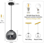 1-Light Mirror Smoke Gray Glass Pendant Lights Kitchen Island Black Hanging Light Fixture 7.87" Glass Globe Pendant Light Modern Pendant Lighting for Kitchen Island Bedroom Dining Room