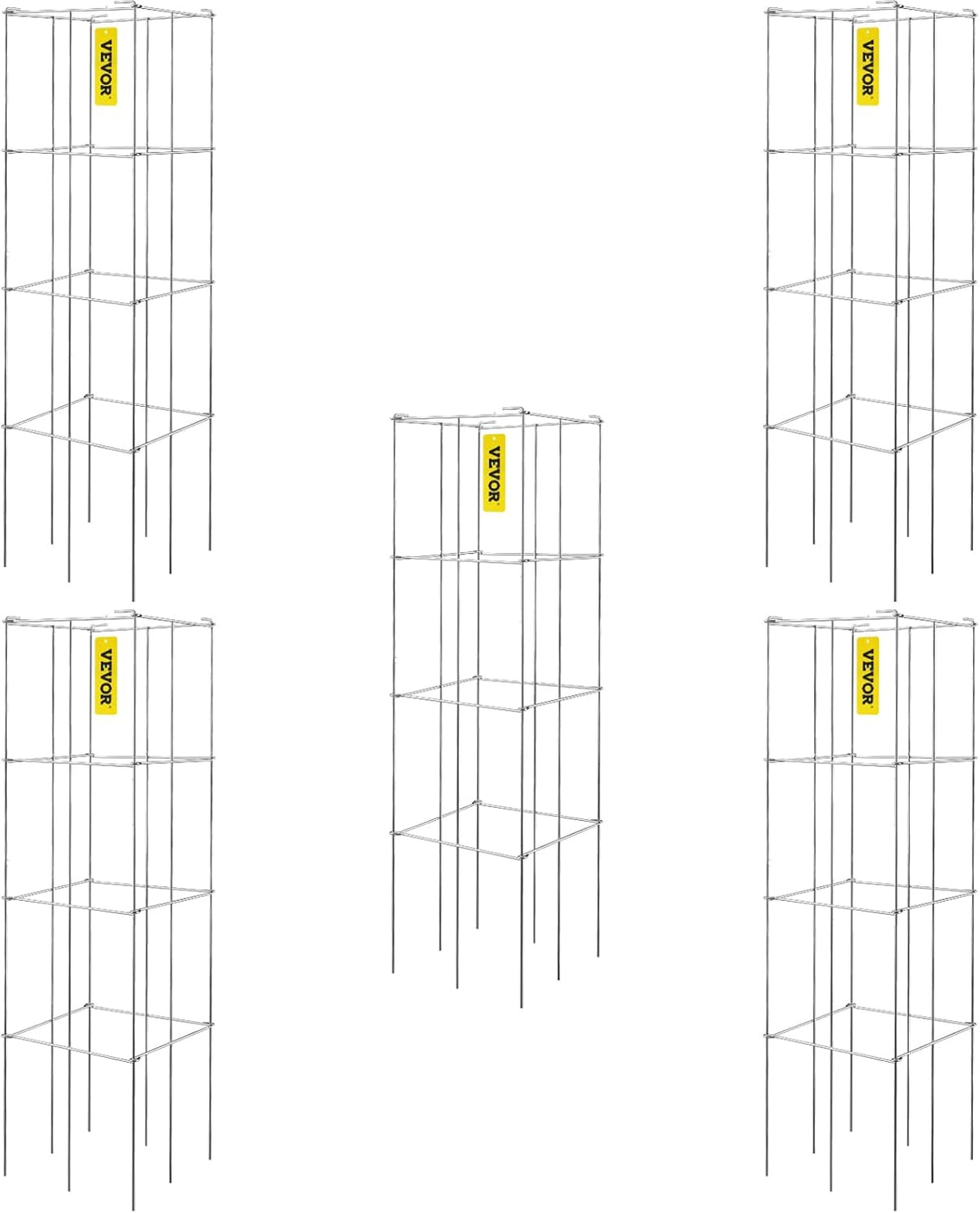 VEVOR Tomato Cages, 11.8" x 11.8" x 46.1", 5 Packs Square Plant Support Cages, Silver PVC-Coated Steel Tomato Towers for Climbing Vegetables, Plants, Flowers, Fruits