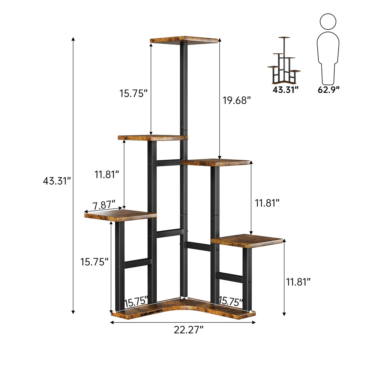 Yzosvki Corner Plant Stand Indoor, 6 Tiered Corner Plant Shelf Flower Stand for Multiple Plants, Plant Shelves Organizer Rack for Living Room, Balcony, Patio, Garden, Square Rustic Brown