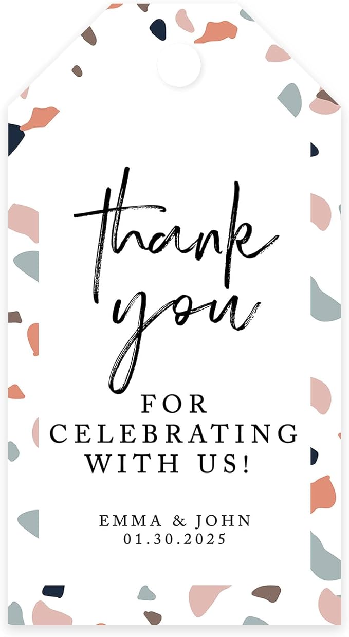 Andaz Press 100-Pack Personalized Thank You Tags with Bakers Twine Terrazzo Custom Cardstock Gift Tags for Wedding Party Favors 2 x 3.75-Inches