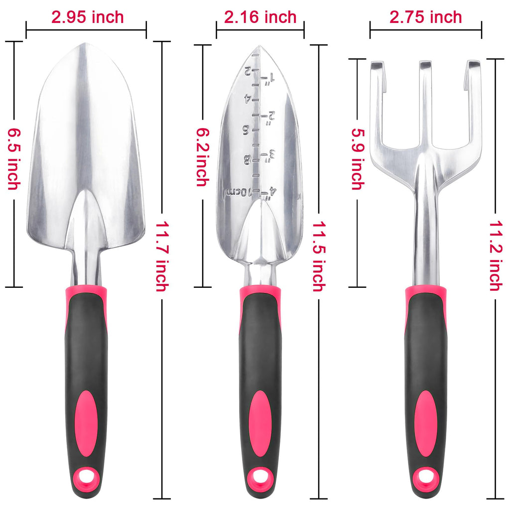 Garden Tools Set, 3 Pack Heavy Duty Gardening Tools Set Include Garden Shovel, Transplant Trowel and Hand Rake with Ergonomic Handle, Aluminum Alloy Lawn for Planting Tools, Red
