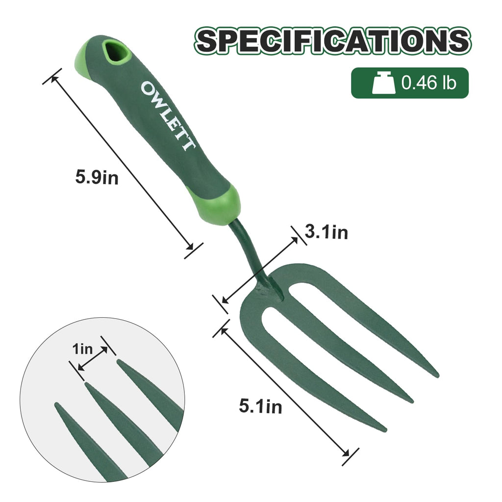 Owlett Garden Hand Fork, Carbon Steel Weeder Fork with Rubber Ergonomic Handle, Rust Resistant Small Garden Fork for Uprooting Weed, Digging, Planting, Loosening Soil, Cultivating