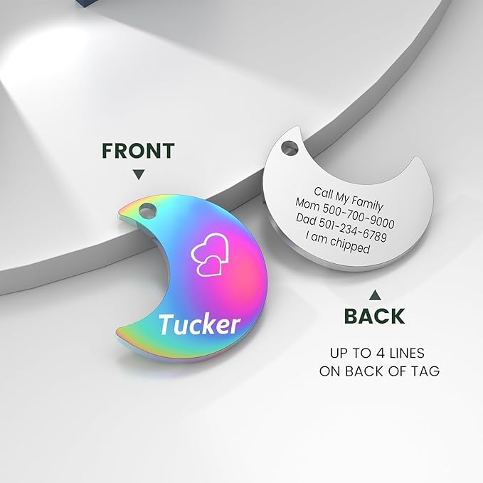 Dog Tags Engraved for Pets - YEHANTI Personalized Dog Tags with Lovely Icons, Durable Stainless Steel Pet ID Tags for Small Large Dogs Cats, Custom Dog Name Tags Engraved on Both Sides (Moon)