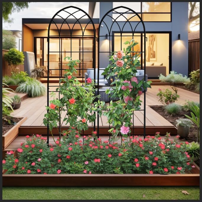 LZRS 4 Pack 71x20in Rustic Iron Arch Decoration Garden Trellis with Black Metal Coating – Perfect for Supporting Climbing Plants Outdoor, Roses, Vines, Flowers, and Vegetables.