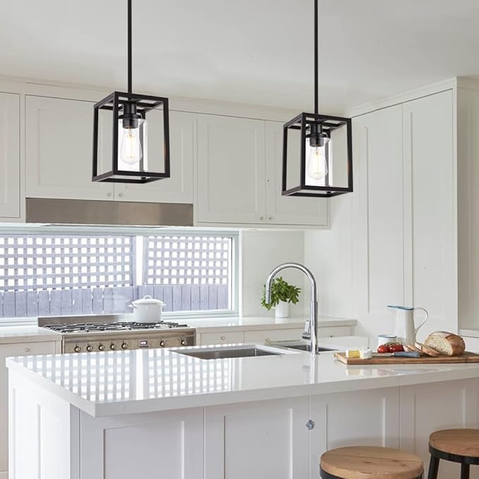 VINLUZ 1 Light Single Pendant Lighting Fixture in Matte Black Finish,Classic Farmhouse Chandelier with Clear Glass Shade Hanging Ceiling Light