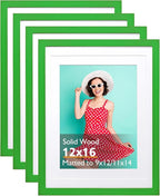 KINLINK 12x16 Picture Frame Grass Green, Solid Wood Frames with Acrylic Plexiglass for Pictures 11x14/9x12 with Mat or 12x16 without Mat, Wall Display Photo Frame, 4 Pack