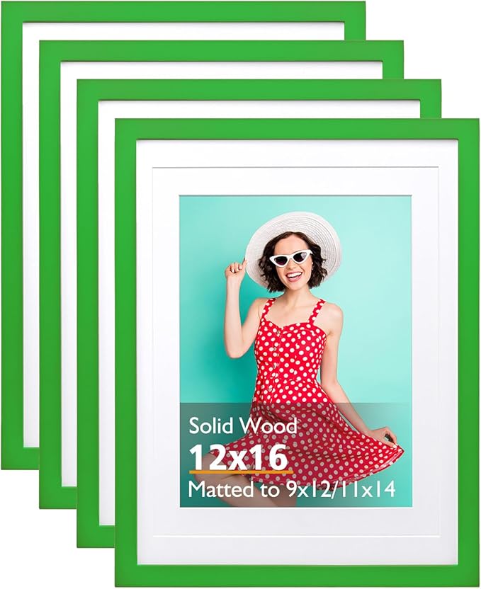 KINLINK 12x16 Picture Frame Grass Green, Solid Wood Frames with Acrylic Plexiglass for Pictures 11x14/9x12 with Mat or 12x16 without Mat, Wall Display Photo Frame, 4 Pack