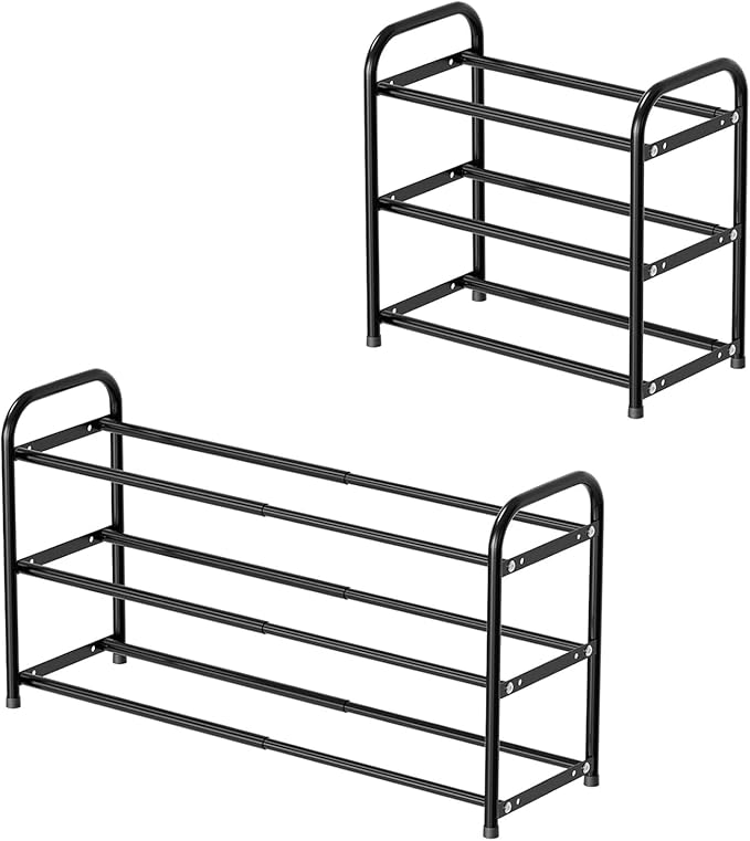 SUFAUY Expandable Shoe Rack Organizer, 3-Tier Metal Adjustable Shoe Shelf for Closet Entryway, Black