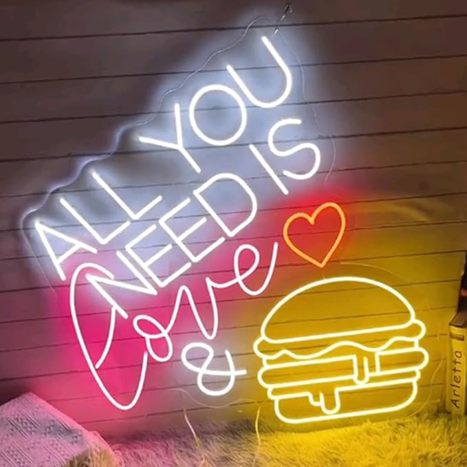 All You Need Is Love & Burger Custom Hamburger Fast Food LED Neon Sign Night Light Home Wall Decor Coffee Shop Bar Restaurant Welcome Sign Size:20x17inches