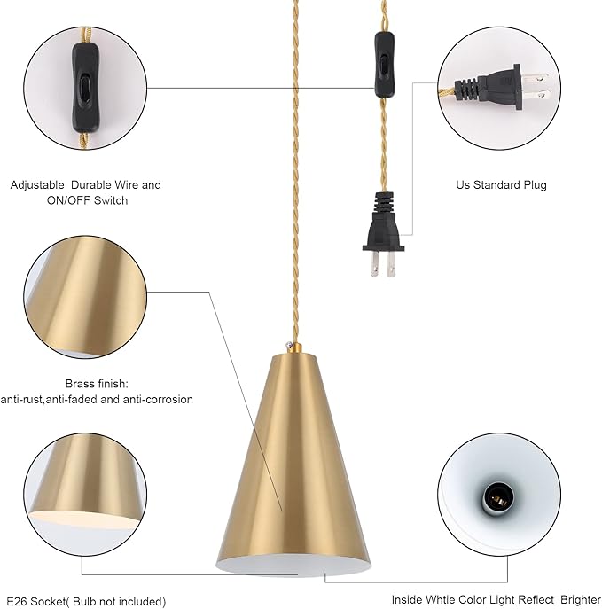 Gold Plug In Pendant Light,Hanging Lights With Plug In Cord On/Off Switch, Mini Brass Pendant Lights for Kitchen Island,Modern Chandeliers Light Fixture with Metal Shade,Hanging Lamps for Bedroom
