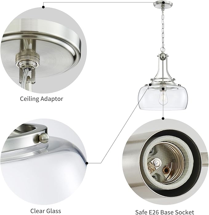 WUZUPS Chandelier Rustic Farmhouse Industrial Round Ceiling Pendant LED Light Fixture with Clear Glass Shades for Dining Room Kitchen Island Foyer Entryway, H 17" x W 13.4", E26 Base, Brushed Nickel