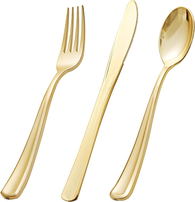bUCLA 600 Pieces Gold Plastic Silverware - Disposable Gold Utensils - Heavyweight Plastic Cutlery set- 200 Forks, 200 Spoons, 200 Knives for Party & Thanksgiving