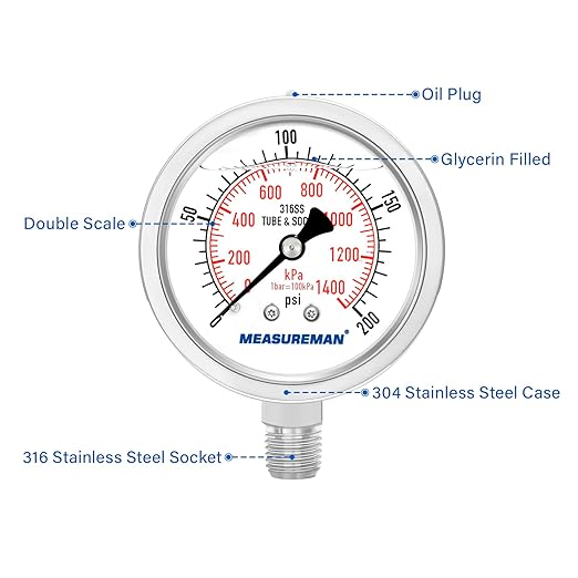 MEASUREMAN Fully Stainless Steel Hydraulic Glycerin Filled Pressure Gauge, 2-1/2" Dial Size,0-200psi/kpa,1/4" NPT Lower Mount