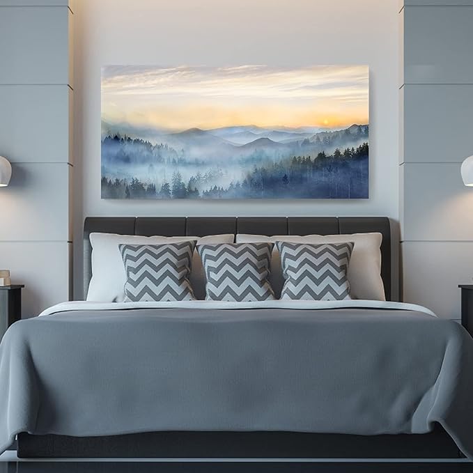 Wall Decor for Living Room Sunrise Misty Forest Print Picture Paintings Wall Art for Bedroom Bathroom Framed Large Canvas Artwork Modern Room Wall Decorations Size 60x30 inches Ready to Hang