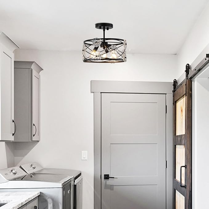 12.6" Semi Flush Mount Ceiling Light 3-Lights Drum Black Ceiling Lighting Vintage Industrial Modern Crystal Flower Light Fixture for Bedroom, Entryway, Kitchen, Dining Room, E12