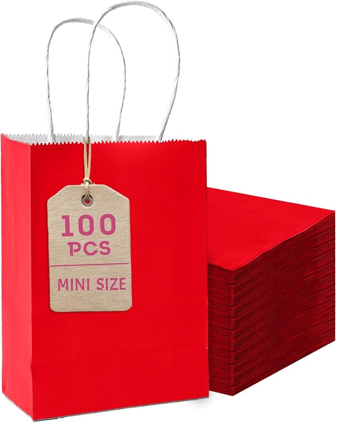 Bakepacker 100 Pcs Red Mini Paper Gift Bags with Handles 6"x4.5"x2.5" Party Favor Bags Multiple Uses (Mini size)