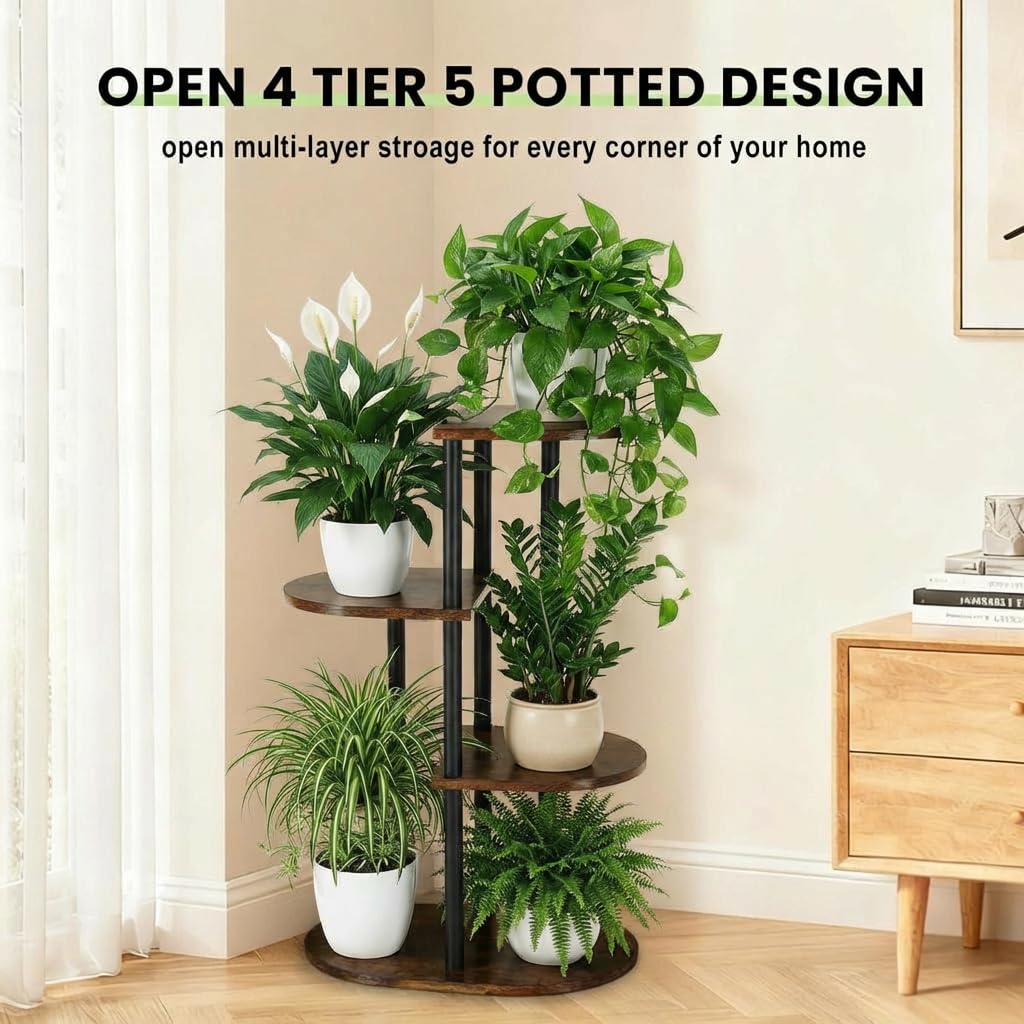 Korrie Home Tiered Plant Stand Indoor, Tall 4 Tier 5 Potted Wooden Plant Shelf for Multiple Flower Plants, Multi Corner Metal Plant Holder Indoor for Patio Garden Patent Design Living Room Balcony Bedroom, Rustic Brown