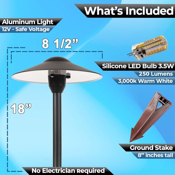 LED Pathway Lights 131 - Heavy Duty Metal Low Voltage Landscape Lighting, 12V Driveway Lights Outdoor Walkway Garden Pathway Lighting with Warm White G4 3.5W 2700K LED Bulb, Ground Stake & Connectors