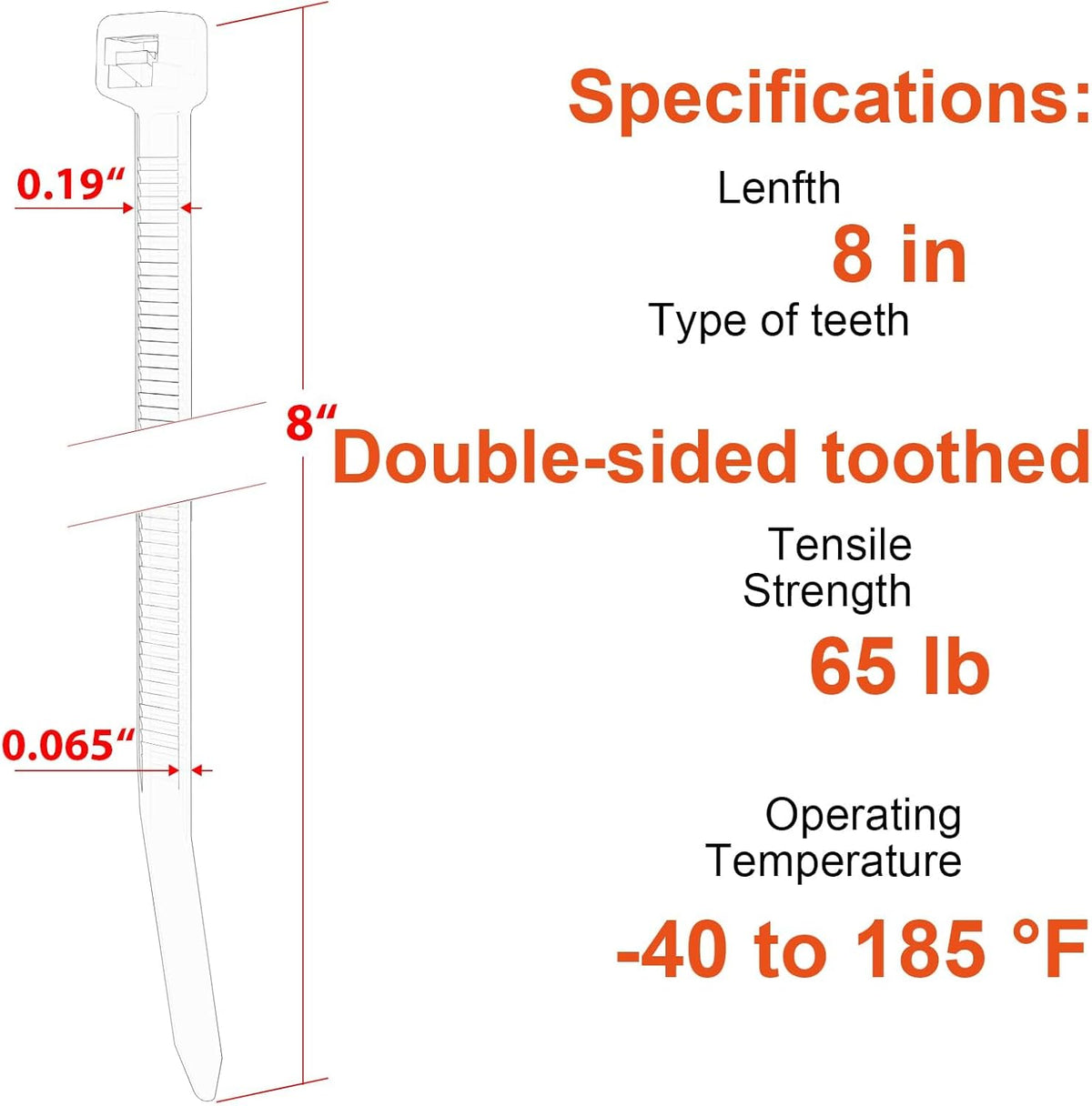 8 Inch Zip Ties Double Sided Toothed,65LBS Tensile Strength Heavy Duty Cable Wire Ties With Self-Locking Adjustable More Durable Nylon Tie Wraps for Indoor Outdoor（100 Pack）
