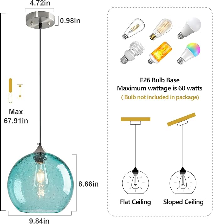 Light Blue Glass Pendant Lights Kitchen Island Globe Pendant Light Fixtures Modern Pendant Lighting for Bedroom Living Dining Room Light Fixture (9.84 in, 2 Pack)