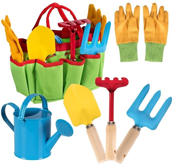 Little Gardener Tool Set with Garden Tools Bag for Kids Gardening - Kit includes Watering Can, Children Gardening Gloves, Shovel, Rake, Fork and Garden Tote Bag-Children Gardening All in One Kit