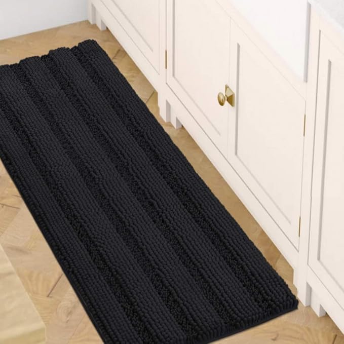 H.VERSAILTEX Bath Rugs for Bathroom Non Slip Bath Mats Extra Thick Chenille Striped Bath Rug Runners 47" x 17" Absorbent Fluffy Soft Shaggy Mats Dry Fast Plush Area Carpet for Bath Room - Black