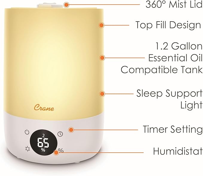 Crane Ultra-Quiet 3-in-1 Humidifier, Essential Oil Aroma Diffuser & Soothing Sleep Light - Compact 1.2 Gallon Capacity with Adjustable Night Light & Fragrance Tray - Ideal for Bedroom and Office
